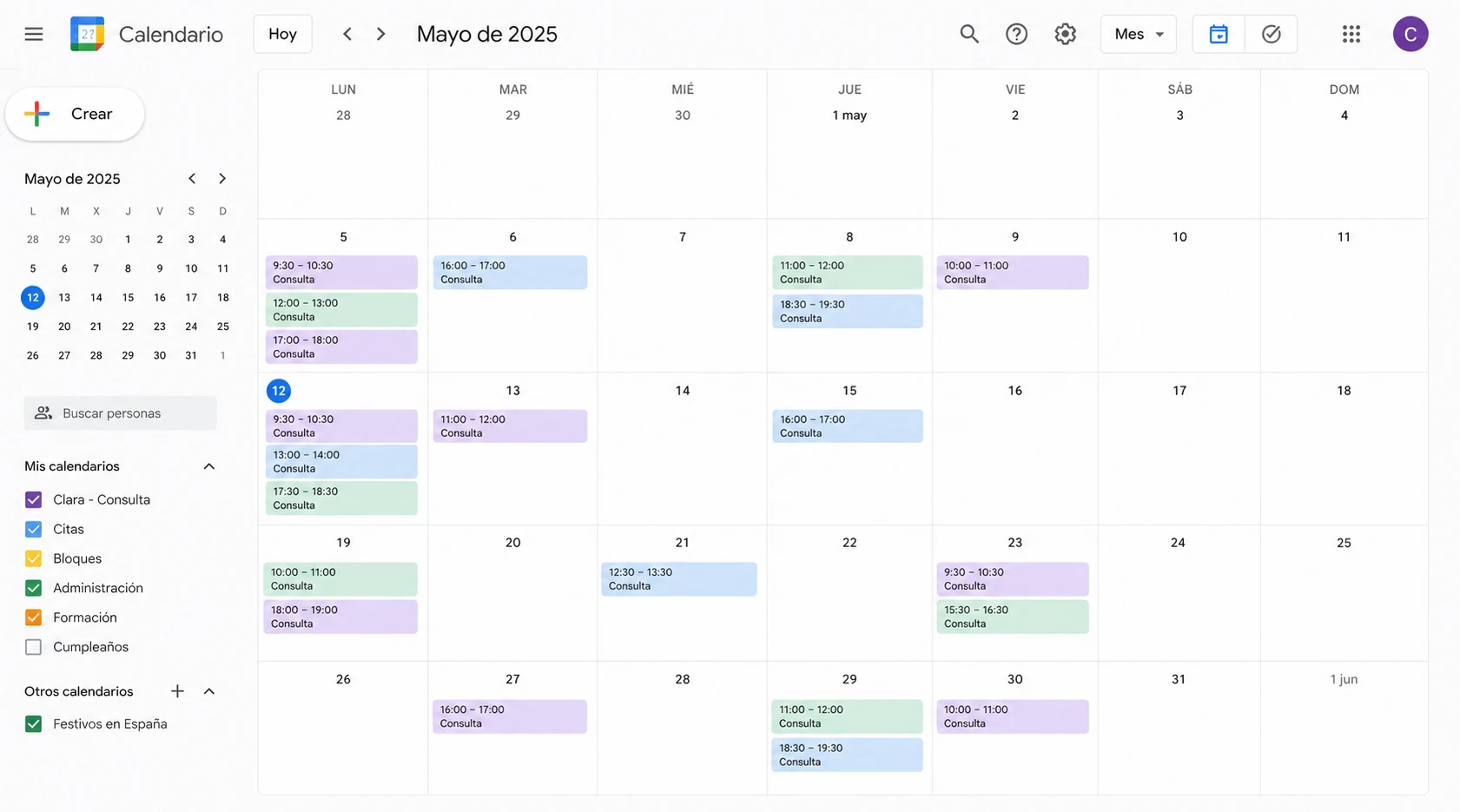 Agenda de Clara con ocupación estable mes a mes