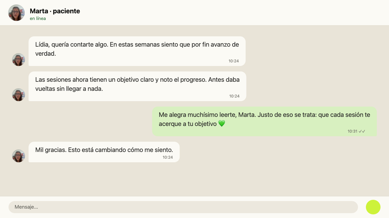 Mensaje de Marta, paciente de Lídia, confirmando su progreso