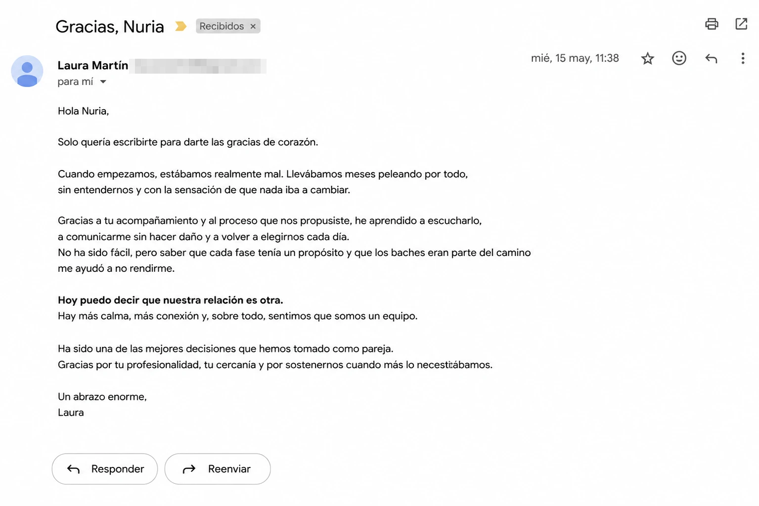 Mensaje de una pareja a Nuria al cerrar su proceso de terapia